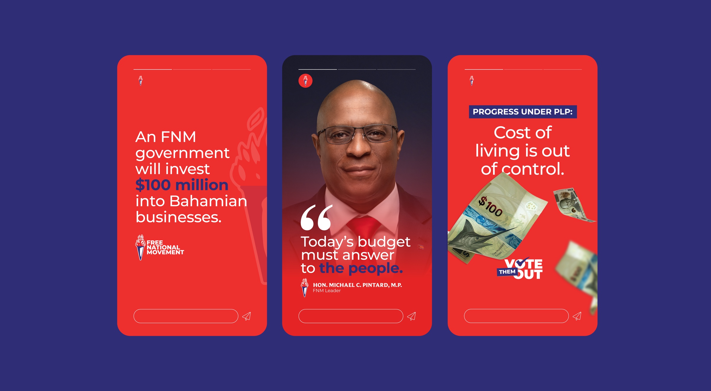 Instagram story system — the party's pledges, the leader's words, and the accountability track